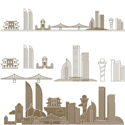厦门福建地标志手绘插画建筑剪影景点天际线条描稿城市设计素材
